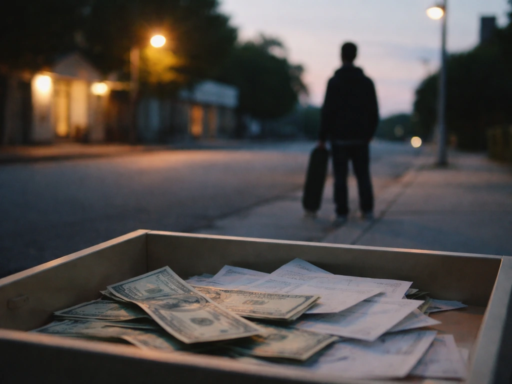 Skateboarder silhouette in a quiet street at dusk beside a money-themed drawer of cash and receipts
