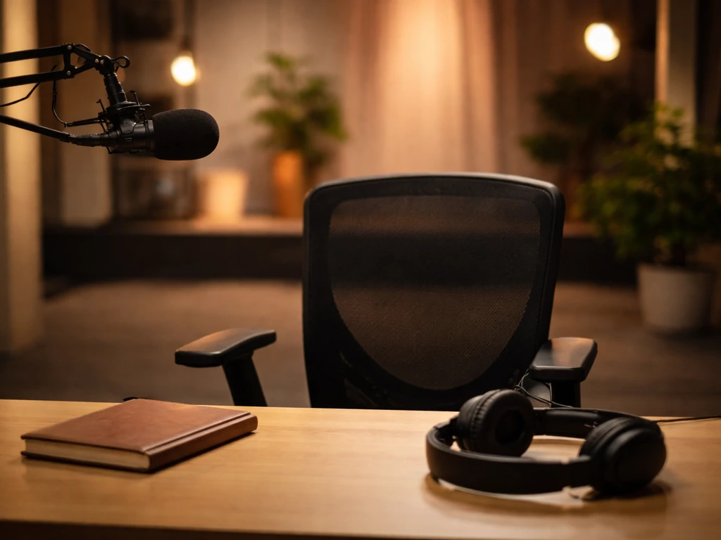 Minimal studio scene with media work cues, symbolizing a TV producer on a talk show set