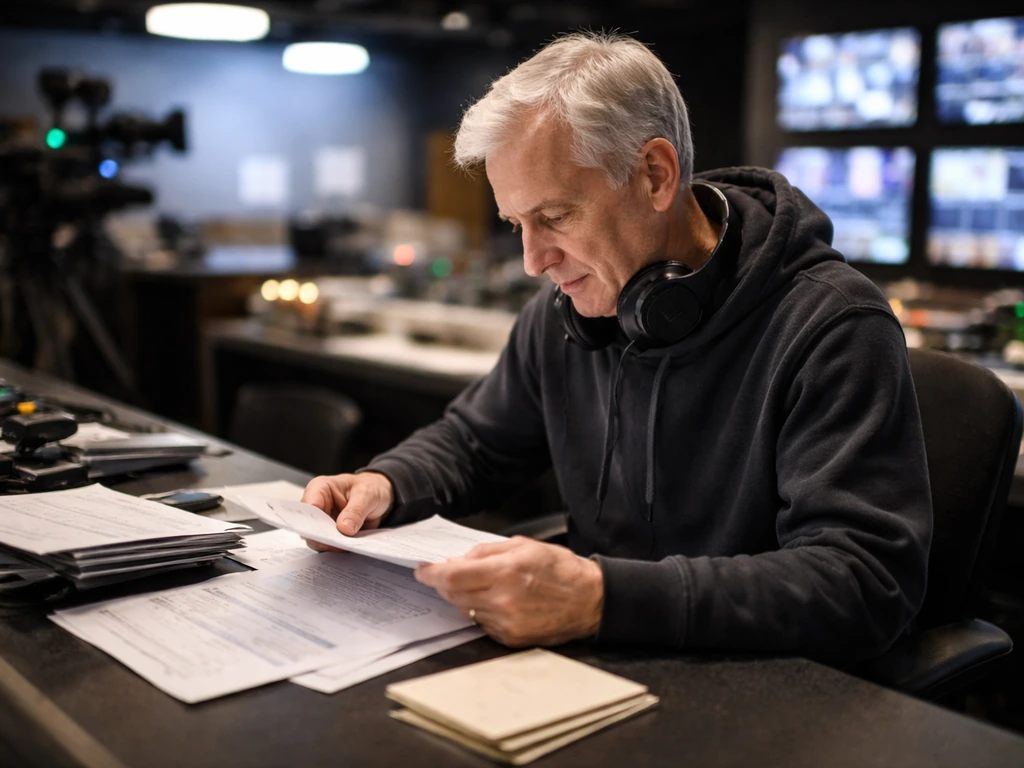 Anonymous senior supervising producer working at a GMM-style production desk with scripts and a headset