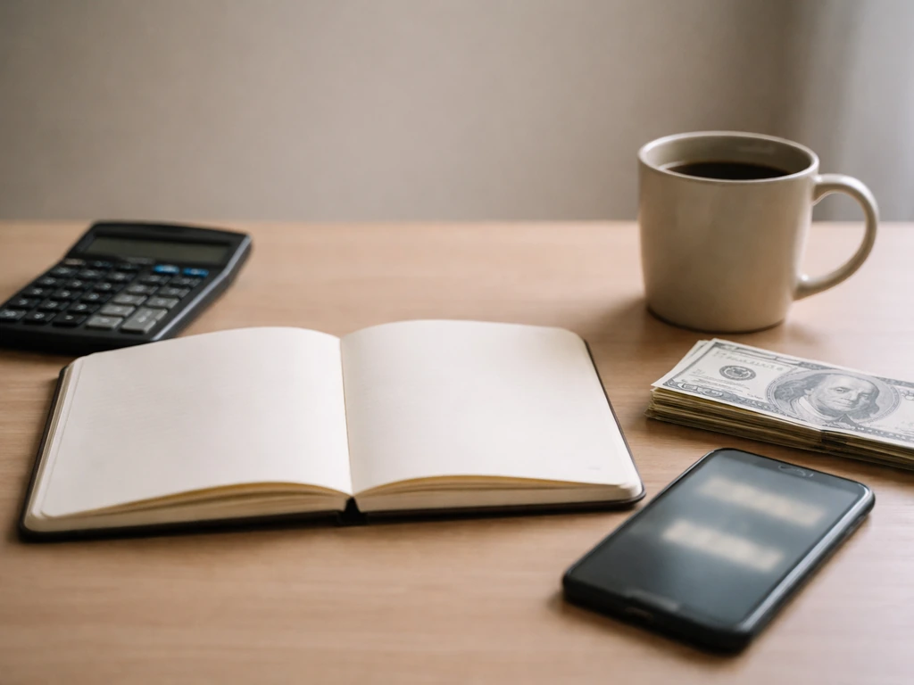 Minimal photo of a notebook, calculator, and smartphone showing two blurred numbers for estimating differences