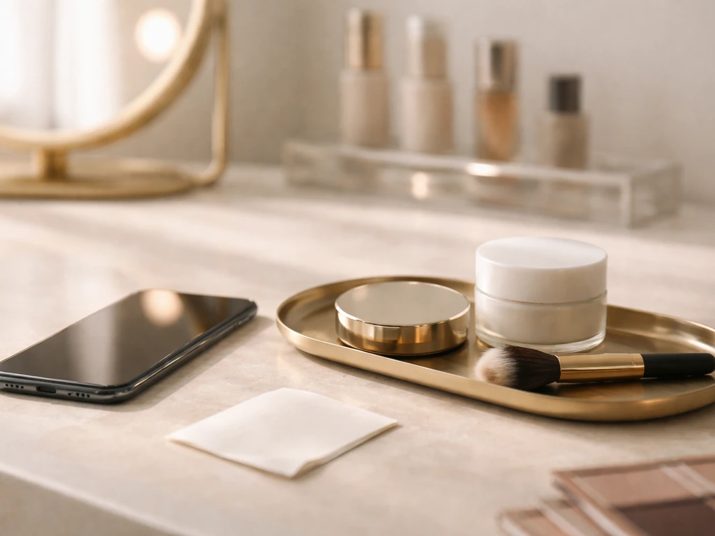 Minimal studio desk with makeup tools and a smartphone, suggesting creator-led beauty brand launch and value