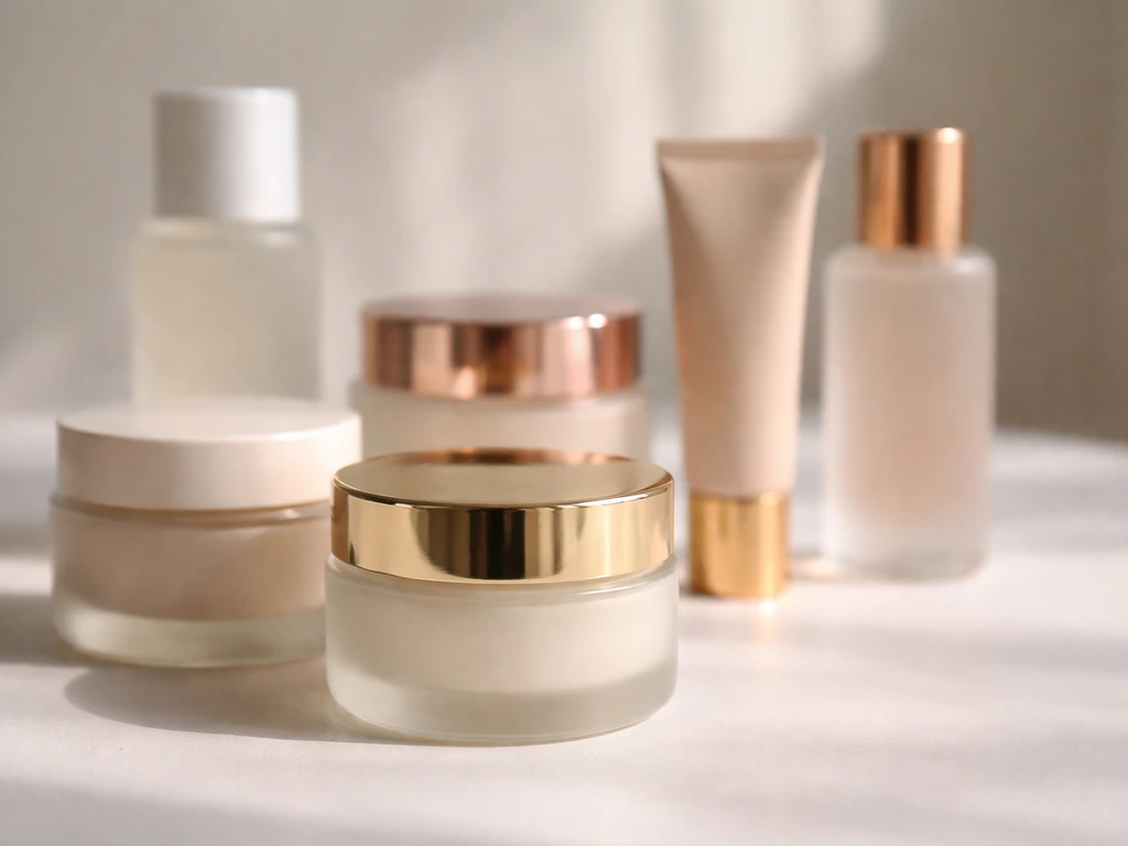 Close-up of a minimal lineup of beauty skincare products and packages on a white surface.