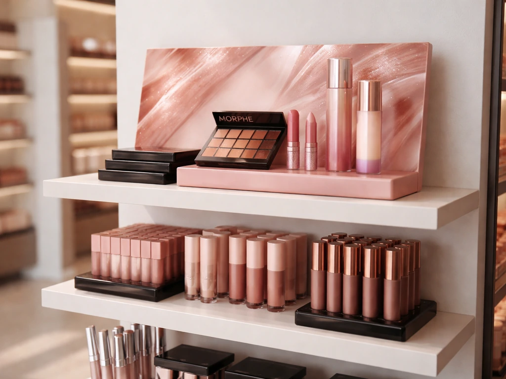 Cosmetics store shelf with glam makeup products and a promotional display stand indicating a brand partnership