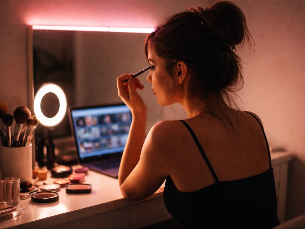 Anonymous creator at a laptop with a warm LED glow, styling a glam look for a subscription platform post
