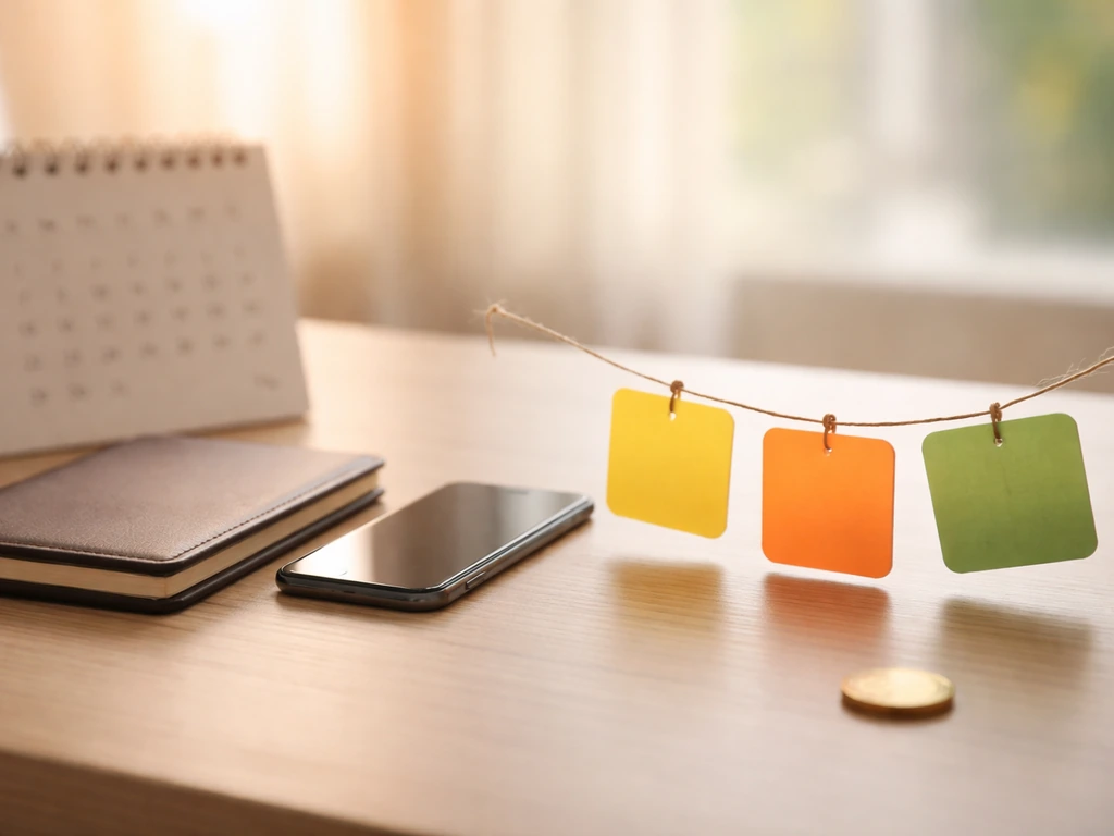 Minimal desk scene with gold coin and colored milestone cards suggesting a revenue jump timeline