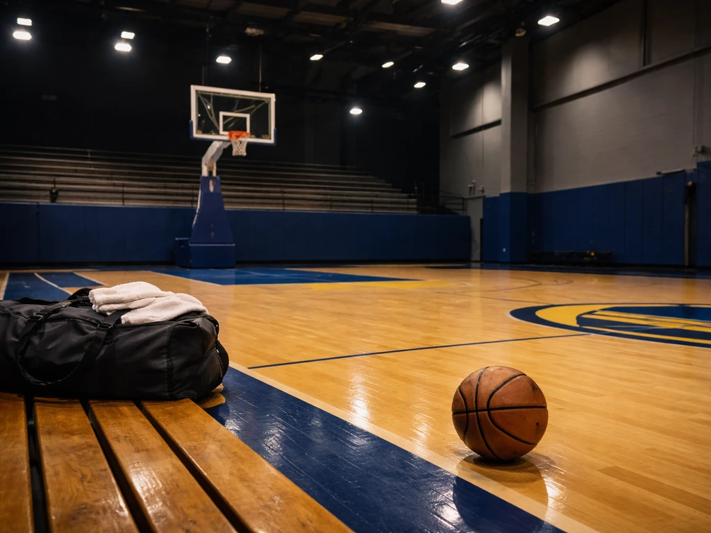 Empty indoor basketball practice court with a single worn ball and modest gear, pre-Curry Warriors era mood.