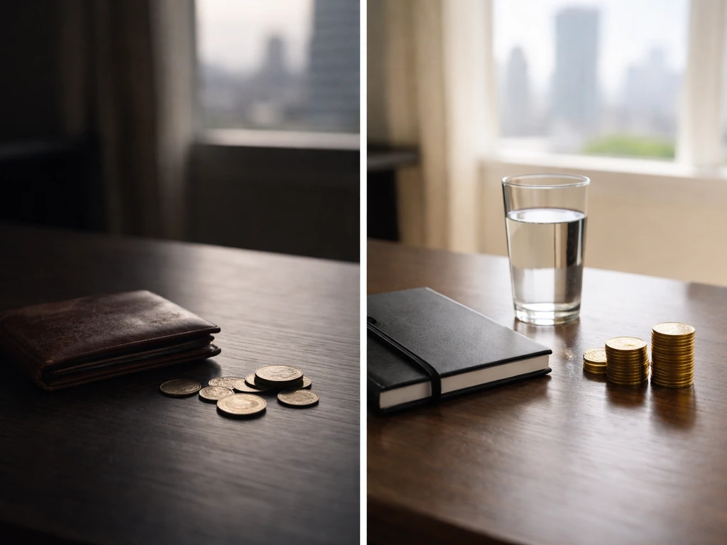 Minimal desk scene symbolizing before vs after wealth, with coins in dim versus bright light.