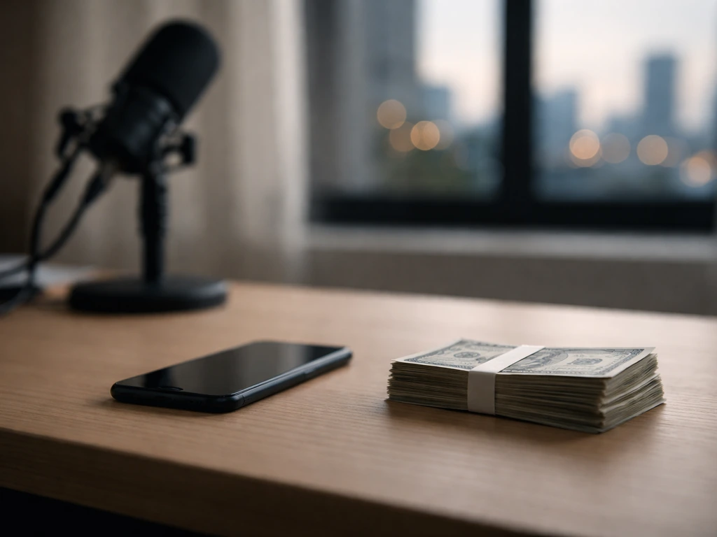 Creator-style desk with a smartphone and scattered cash, symbolizing estimating net worth and comparison
