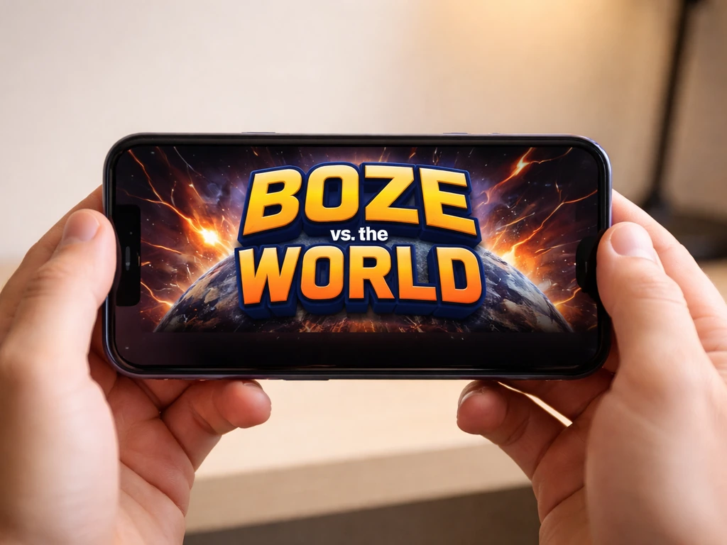 Phone showing a dark YouTube-style channel header for “BOZE vs. the WORLD” branding in warm colors.
