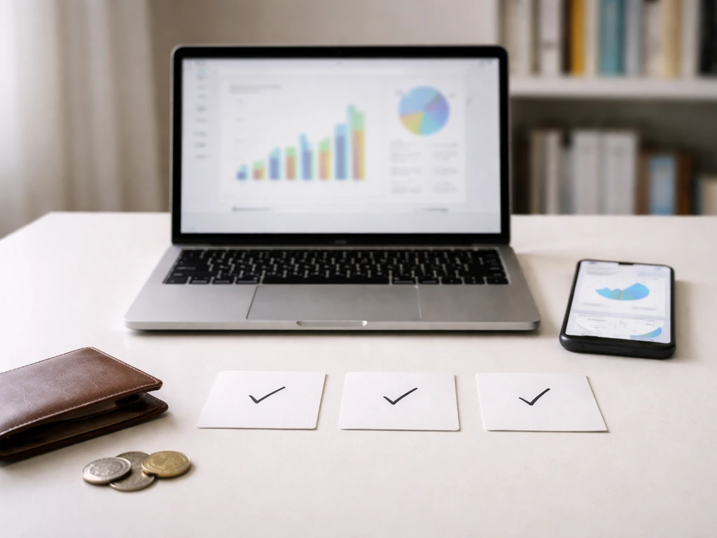 Minimal desk scene with laptop and smartphone, coins and check-mark cards symbolizing triangulating net worth.