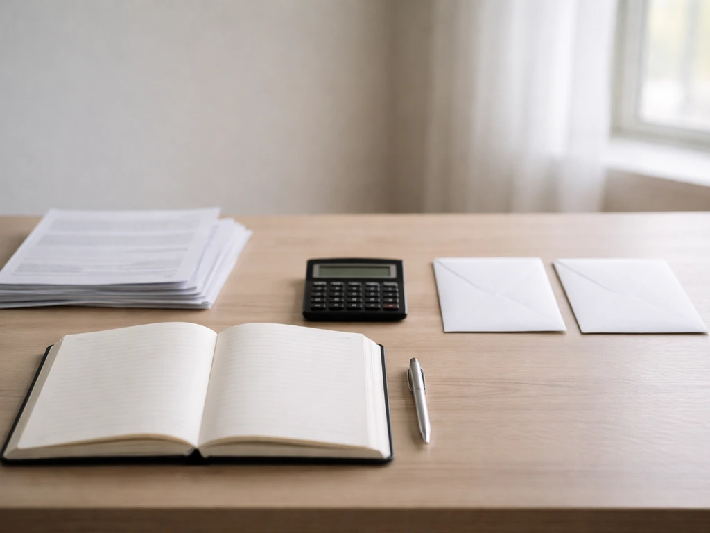 Minimal desk scene with two envelopes and a calculator symbolizing net worth comparison framework