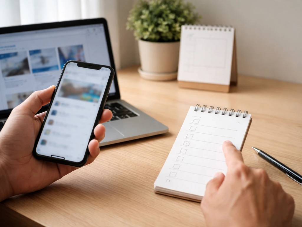 Person reviewing a smartphone and checklist-style notes beside a laptop in a quiet home office