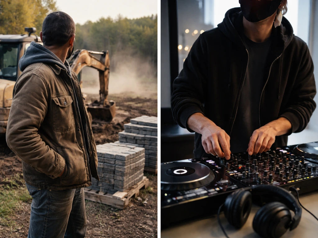 Split image: anonymous construction worker by an excavator vs anonymous DJ at a minimal music setup.
