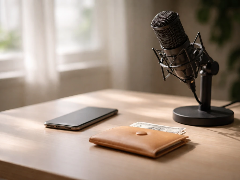 Minimal creator studio desk with microphone and small cash envelope symbolizing income estimation inputs.