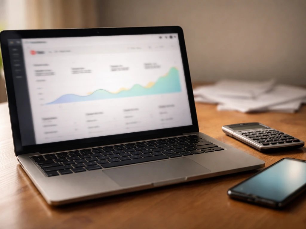 Close-up of a laptop on a desk showing blurred YouTube analytics with a calculator nearby, revenue-focused mood.
