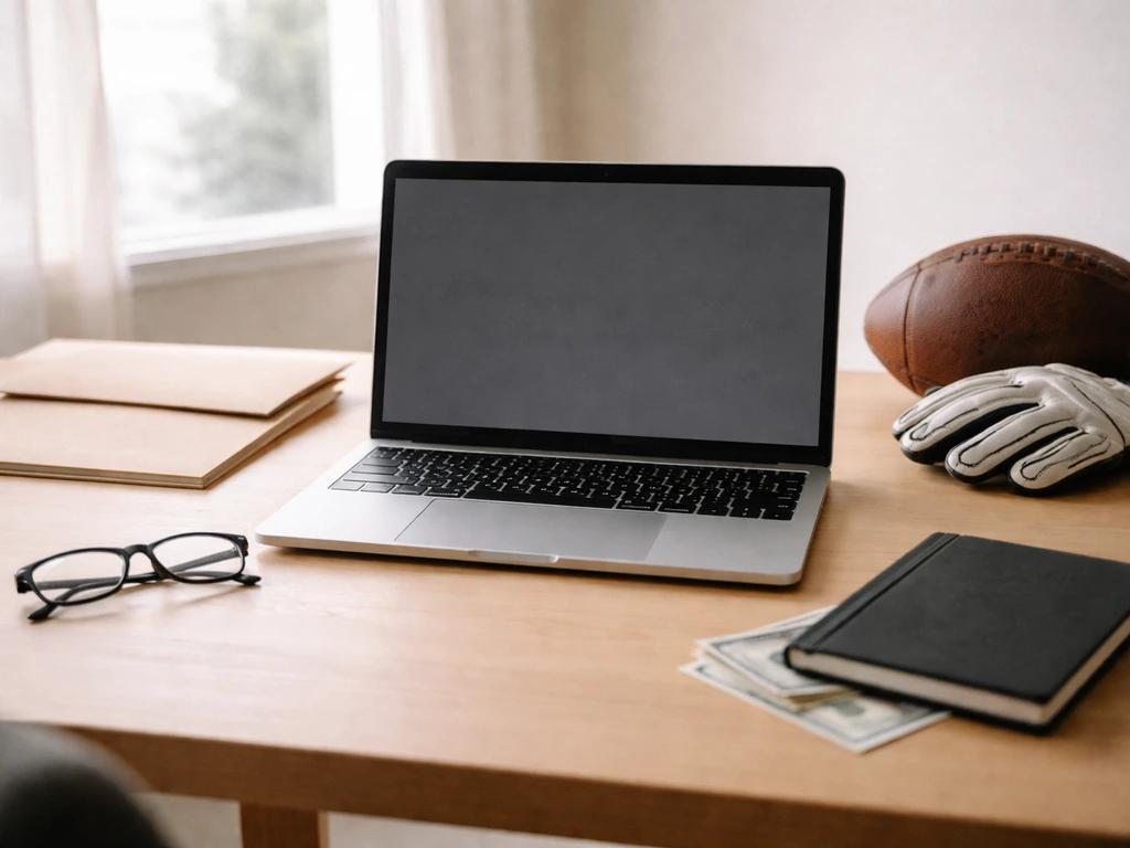 Anonymous creator desk with football memorabilia and an open laptop suggesting finance research for net worth.