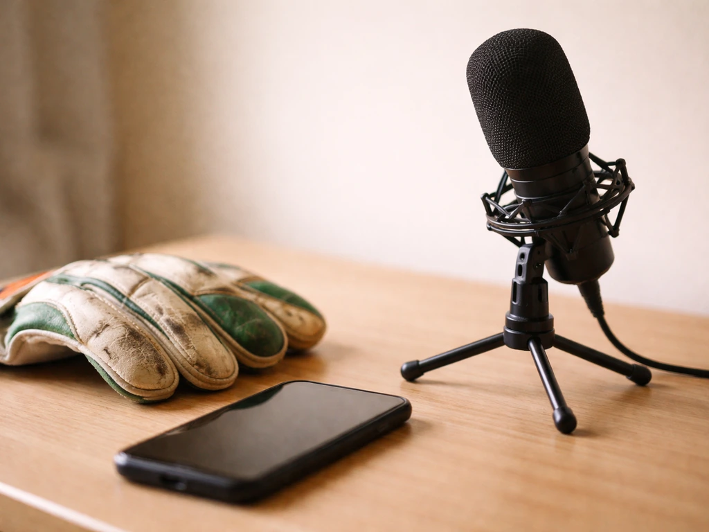 Anonymous creator-style podcast studio desk with microphone and phone, evoking a former athlete turned content creator