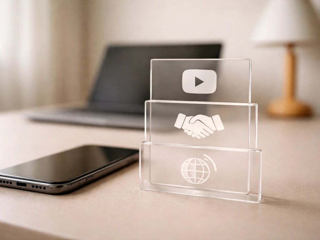 Minimal photo of a creator workspace with smartphone and notes showing income sources concept