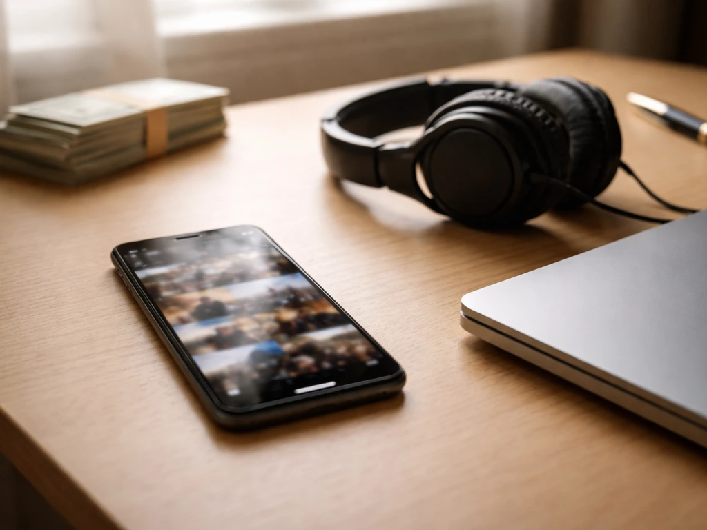 Minimal scene showing a smartphone with a blurred social-media style video feed and a cash-themed desk setup