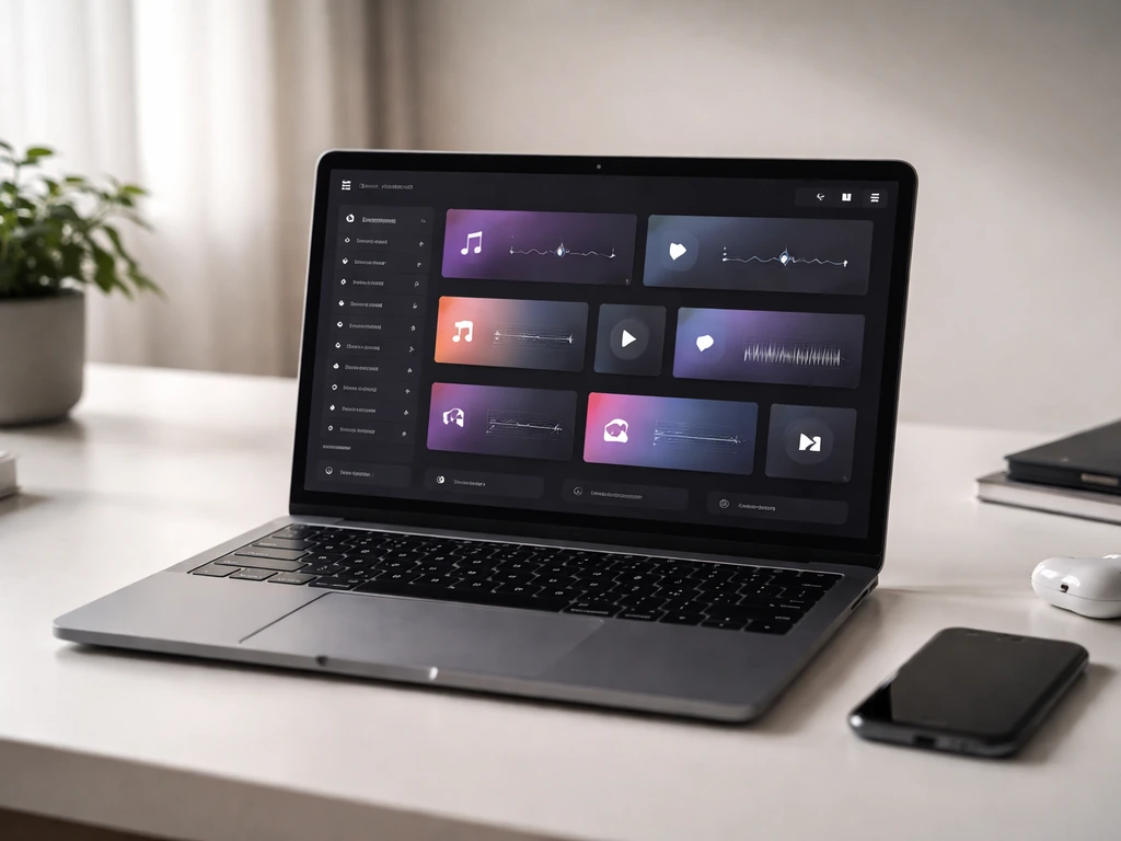 Minimal photo of an anonymous laptop with an abstract streaming dashboard layout and streaming icons