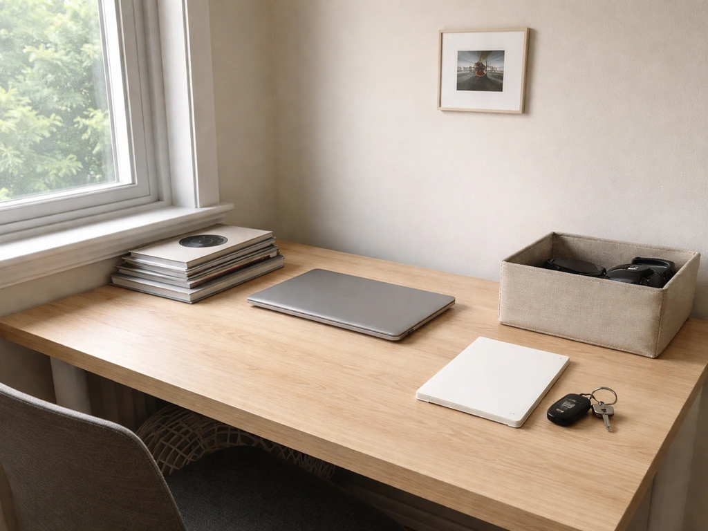 Modest creator desk with simple storage and car keys, small home corner in natural light