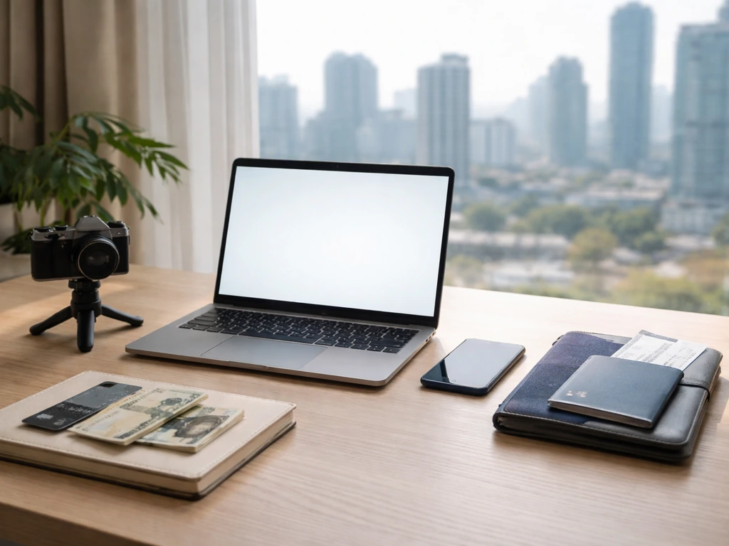 Modern travel creator desk with laptop glow, passport, camera, and cash symbolizing net worth research