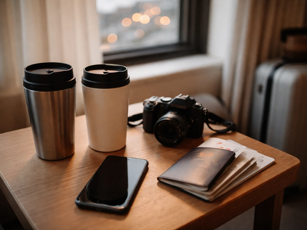 Minimal travel setup with empty mugs, camera, and open passport on a hotel table, city lights outside.