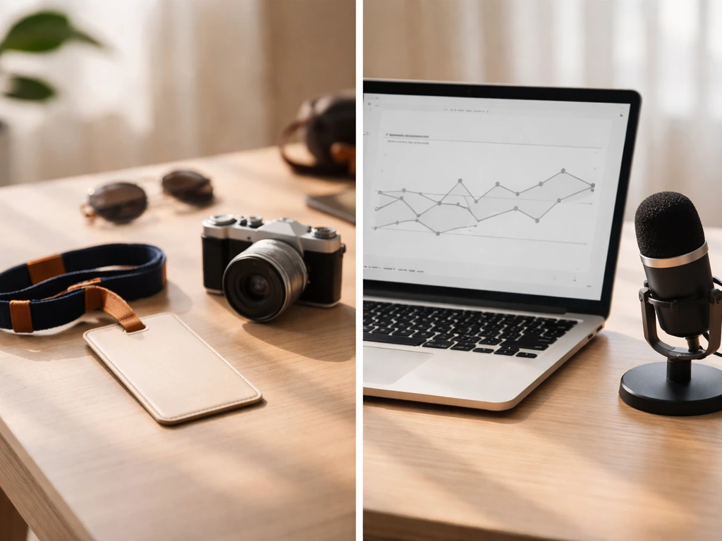 Minimal travel creator desk scene with a laptop, coffee, and subtle icons suggesting brand sponsorship and ad revenue.