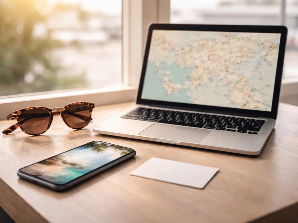 Minimal travel desk scene with laptop and phone implying brand deal sponsorships, no people or text.