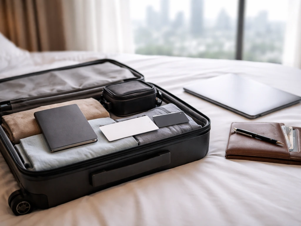 Open suitcase with travel gear and a laptop on a hotel bed, symbolizing travel costs and media income factors.