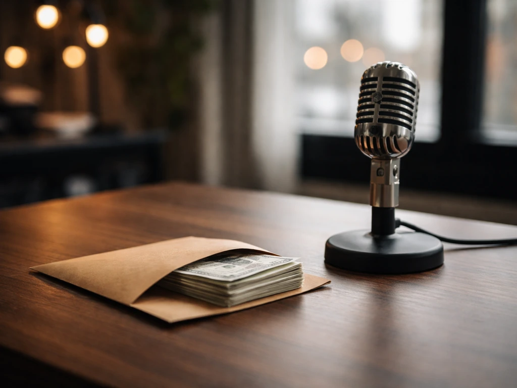 Minimal photo of an anonymous actor-themed studio desk with a microphone and a cash envelope symbolizing net worth