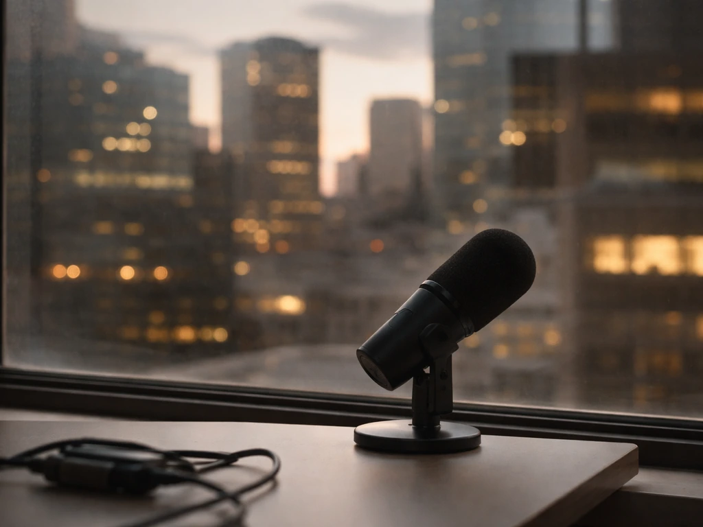 Split reflections of a microphone and a city skyline at dusk, symbolizing ambiguous “Drago” references