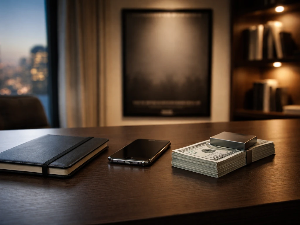 Minimal desk scene with money and business items, symbolizing estimated net worth without showing any person.