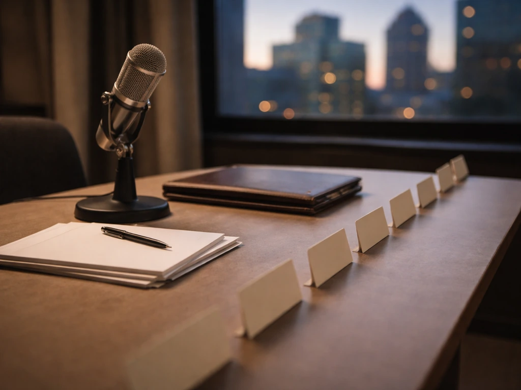 Minimal photo of an empty recording studio desk with microphone and a softly lit city backdrop, suggesting a career time