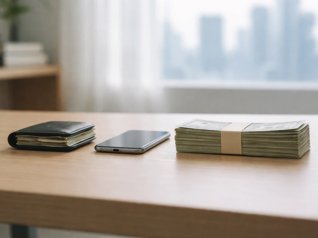 Minimal office desk with a smartphone and cash-like props symbolizing net worth comparison