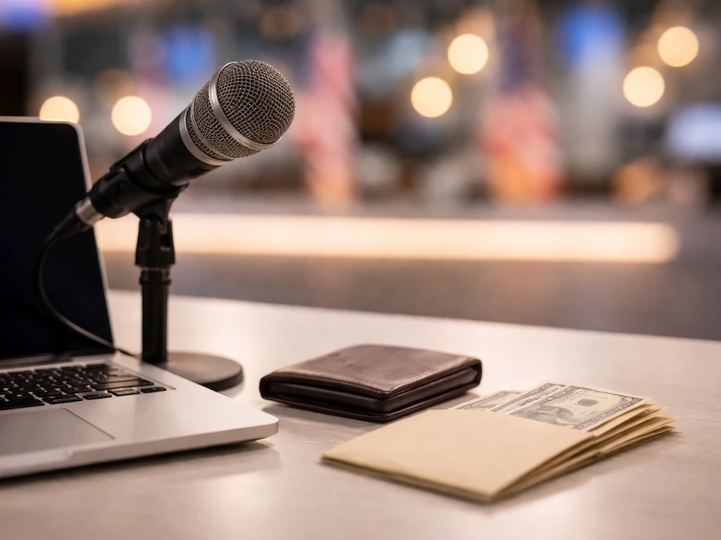 Minimal studio-office scene with a TV microphone and cash-like props symbolizing a TV host’s net worth estimate