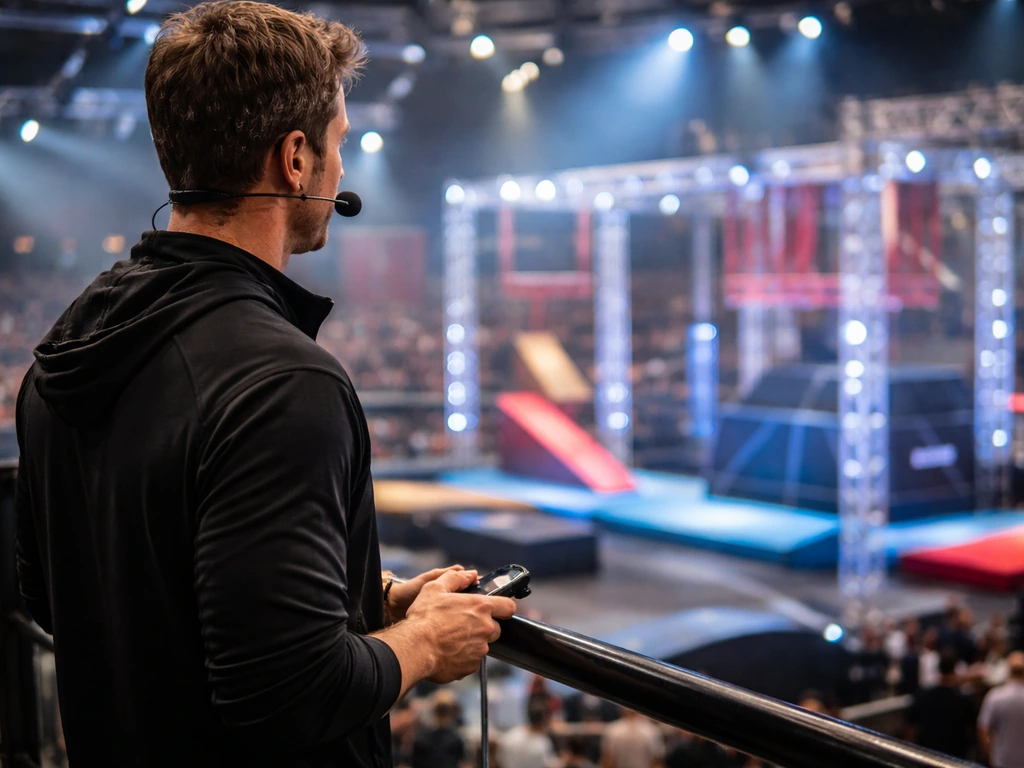 Anonymous TV host on a ninja course catwalk with obstacles in a softly lit arena.