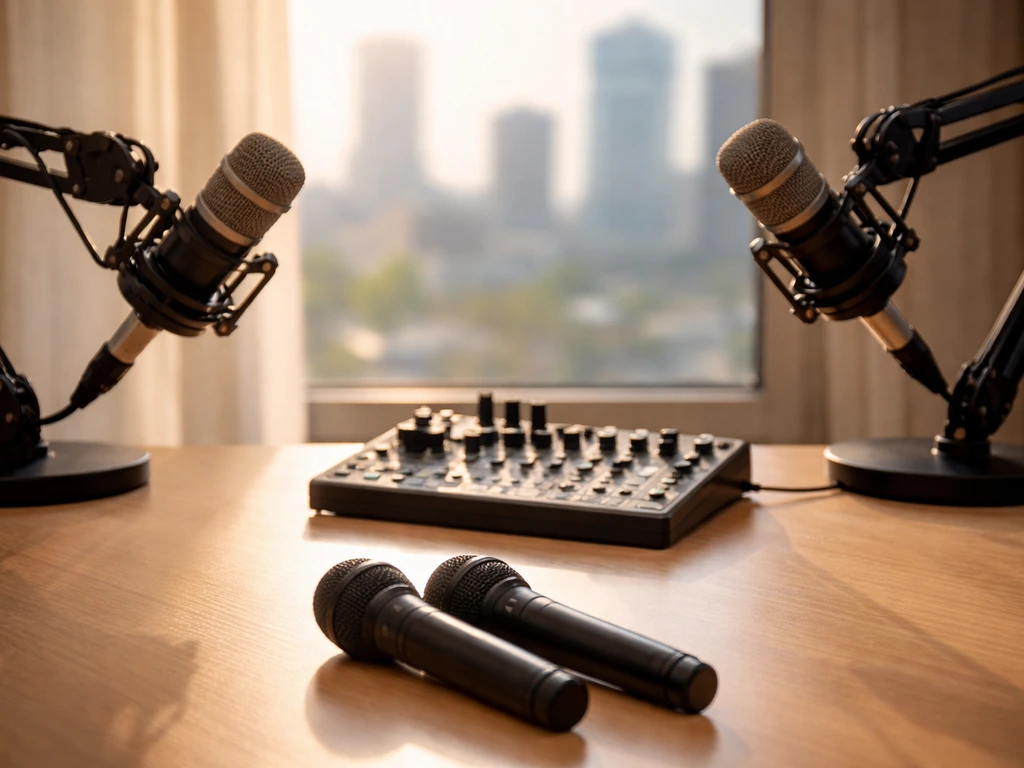 Empty studio desk with side-by-side microphones, symbolizing media and financial comparison.