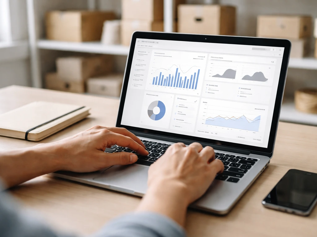 Anonymous hands review a laptop analytics dashboard for Amazon seller product research on a simple desk.