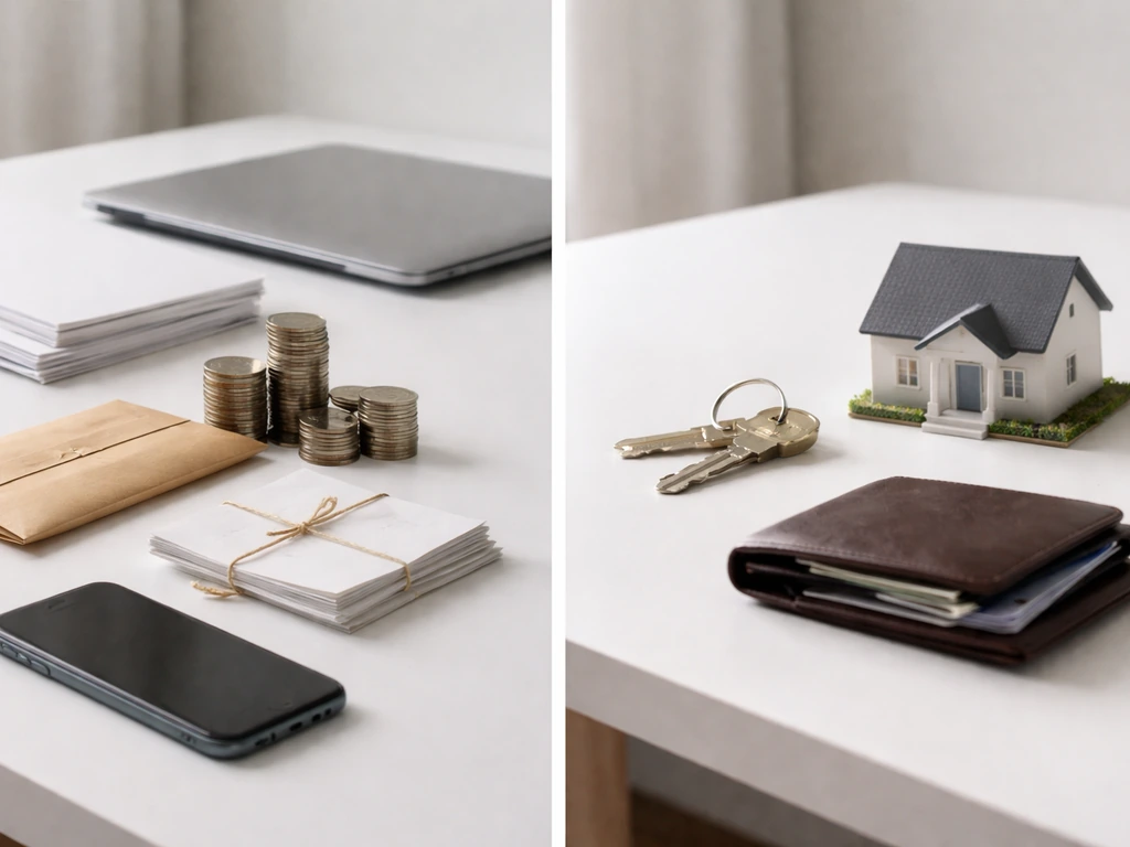Split desk scene showing business valuation items on one side and personal asset items on the other.
