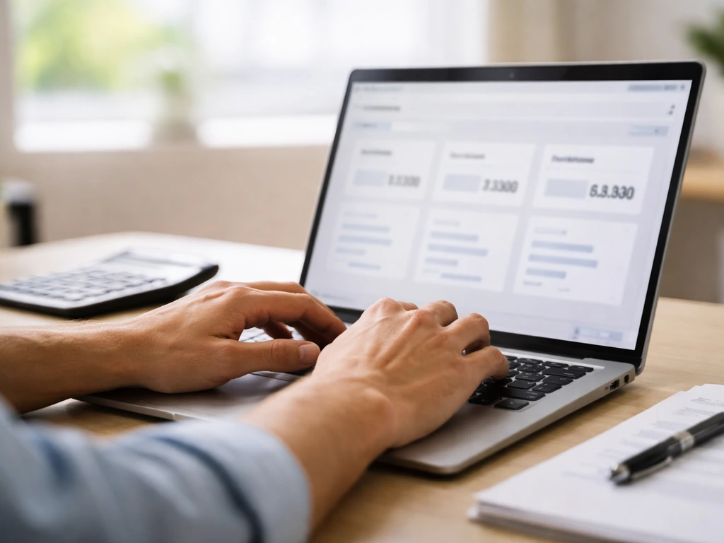 Minimal desk scene with laptop showing a generic valuation-style interface and money theme