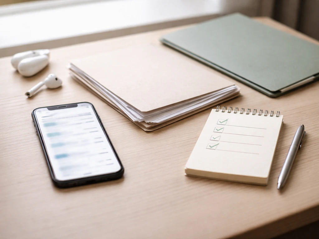 Minimal desk scene with documents and a phone, suggesting cross-checking business numbers yourself.