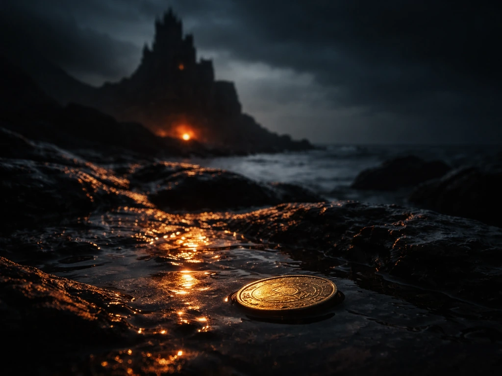 Night coast scene with a gold coin in shallow water and a dark stone keep silhouette.