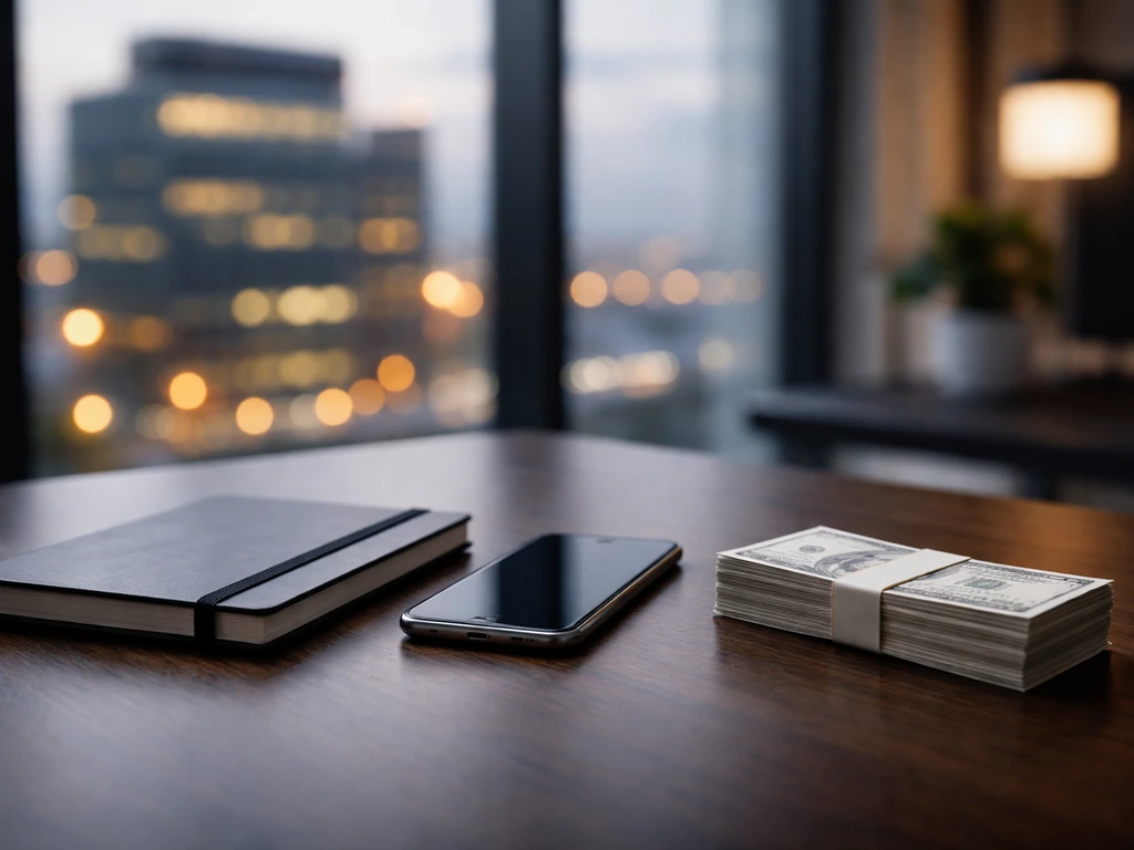 Minimal photo of a luxury desk with a smartphone, cash-like props, and a subtle money-themed atmosphere