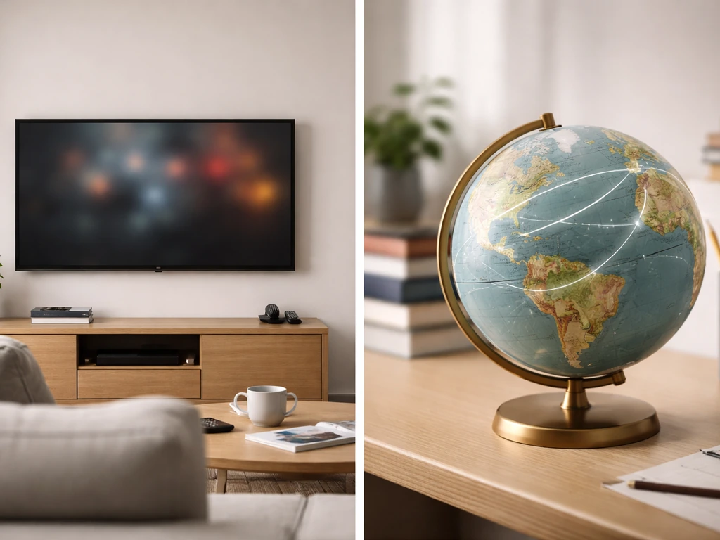 Minimal split scene: Max-style TV exclusivity on the left and a globe with an abstract route on the right.