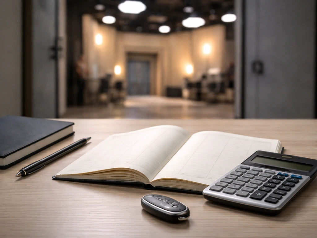 Minimal studio office scene with a sleek calculator and open ledger page hinting at production budget ROI
