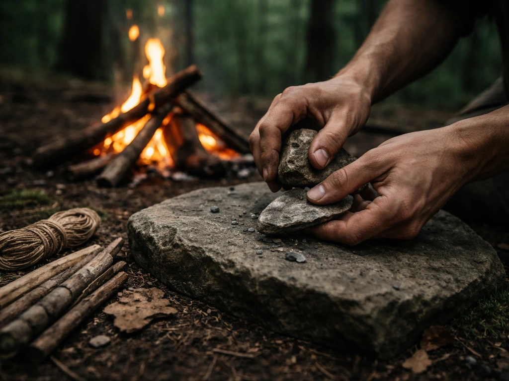 Primitive outdoor scene with hands making a simple stone tool near a small fire in a forest clearing.