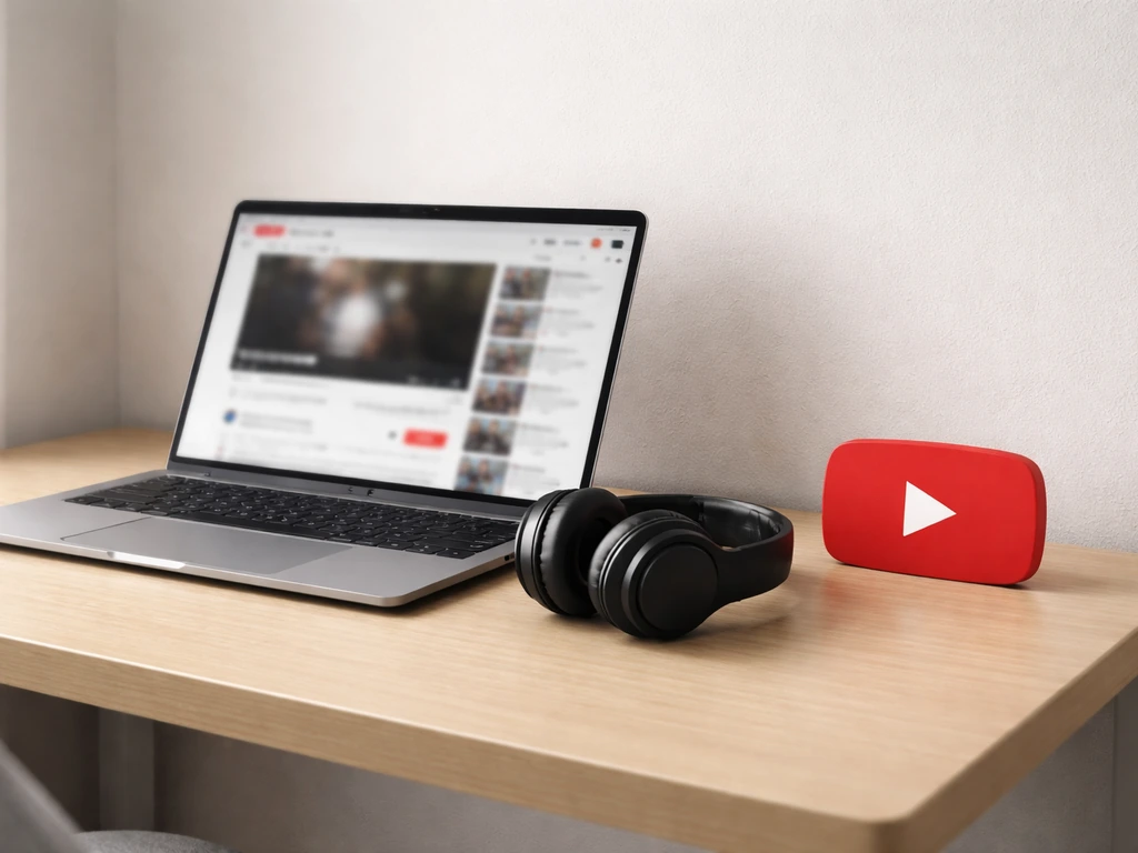 Minimal home desk with laptop and headphones, evoking a YouTube channel banner background element.