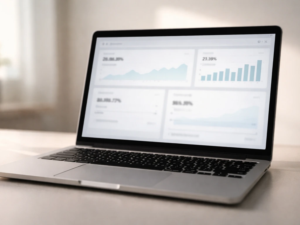 Close-up of a laptop showing generic analytics-style panels with financial tracker-style visuals.