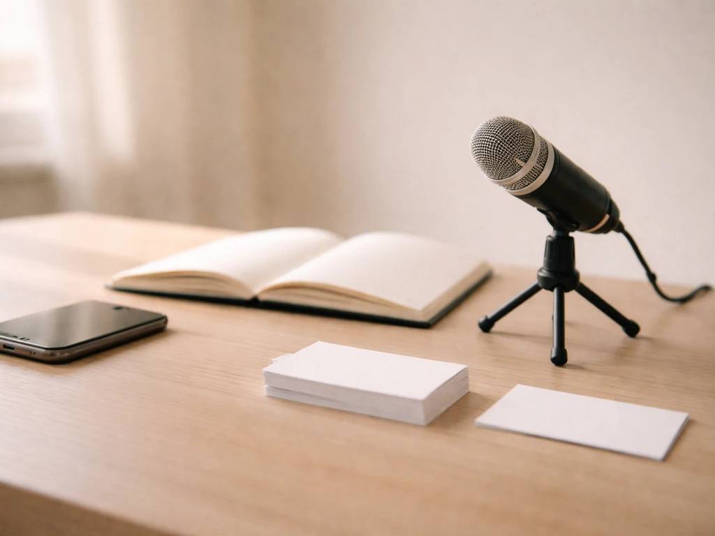 Minimal office desk with smartphone, microphone, and scattered papers suggesting multiple revenue sources